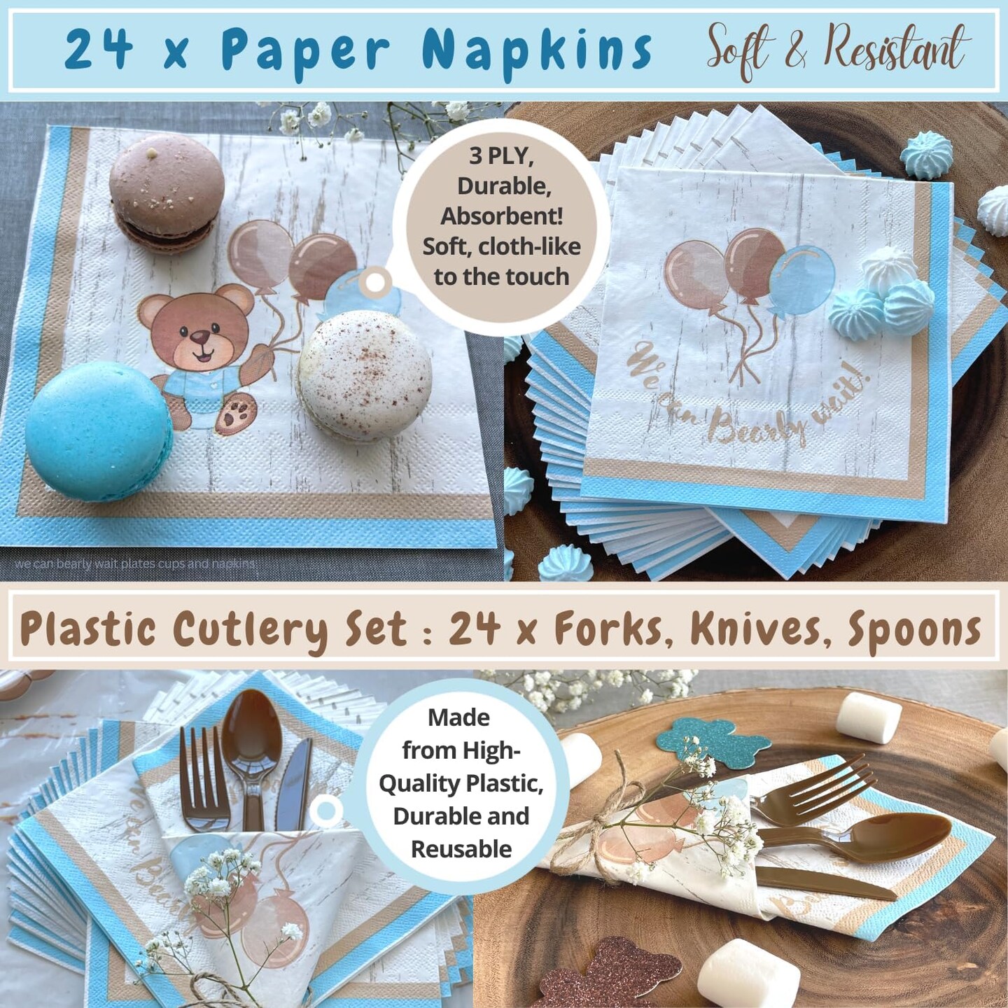 193 Pc Teddy Bear Baby Shower Decorations Tableware, Serves 24 (Blue and Brown)
