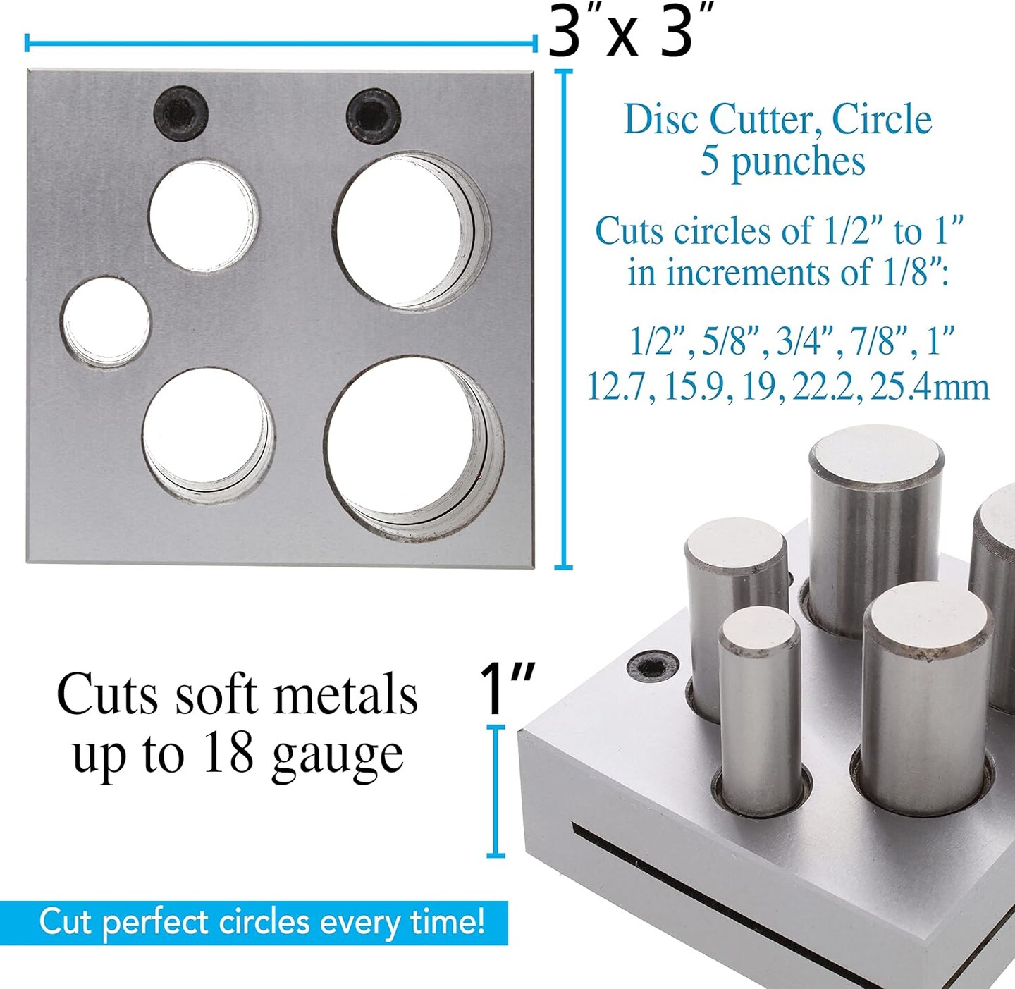 The Beadsmith Steel Disc Cutter Set Includes 4 Punches & Die. Tool for Cutting Corners from: 1/4", 1/2" & 1" Curves & 3/16" x 3/4" Oval Slot Punch. Use Soft Metal Sheet up to 20-24 Gauge & Thinner