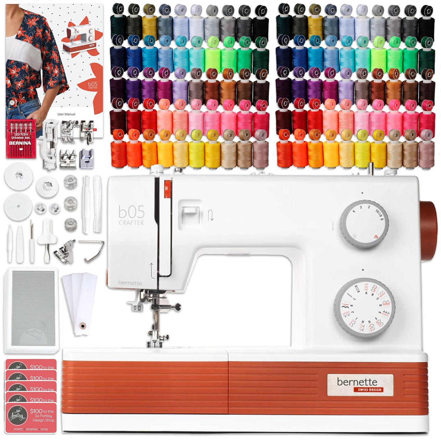 Bernette B05 Crafter Sewing Machine with 100 Thread Spools &#x26; Matching Bobbins