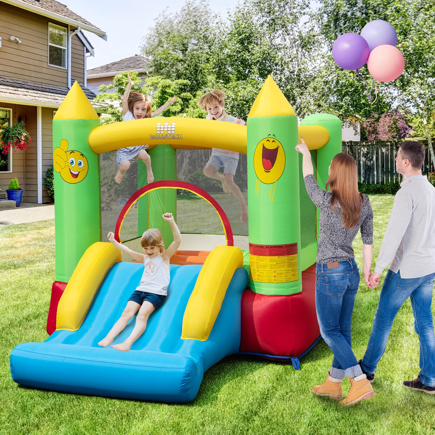 3-in-1 Inflatable Bounce House for Kids with Slide Jumping Area and Basketball Hoop for Indoor and Outdoor