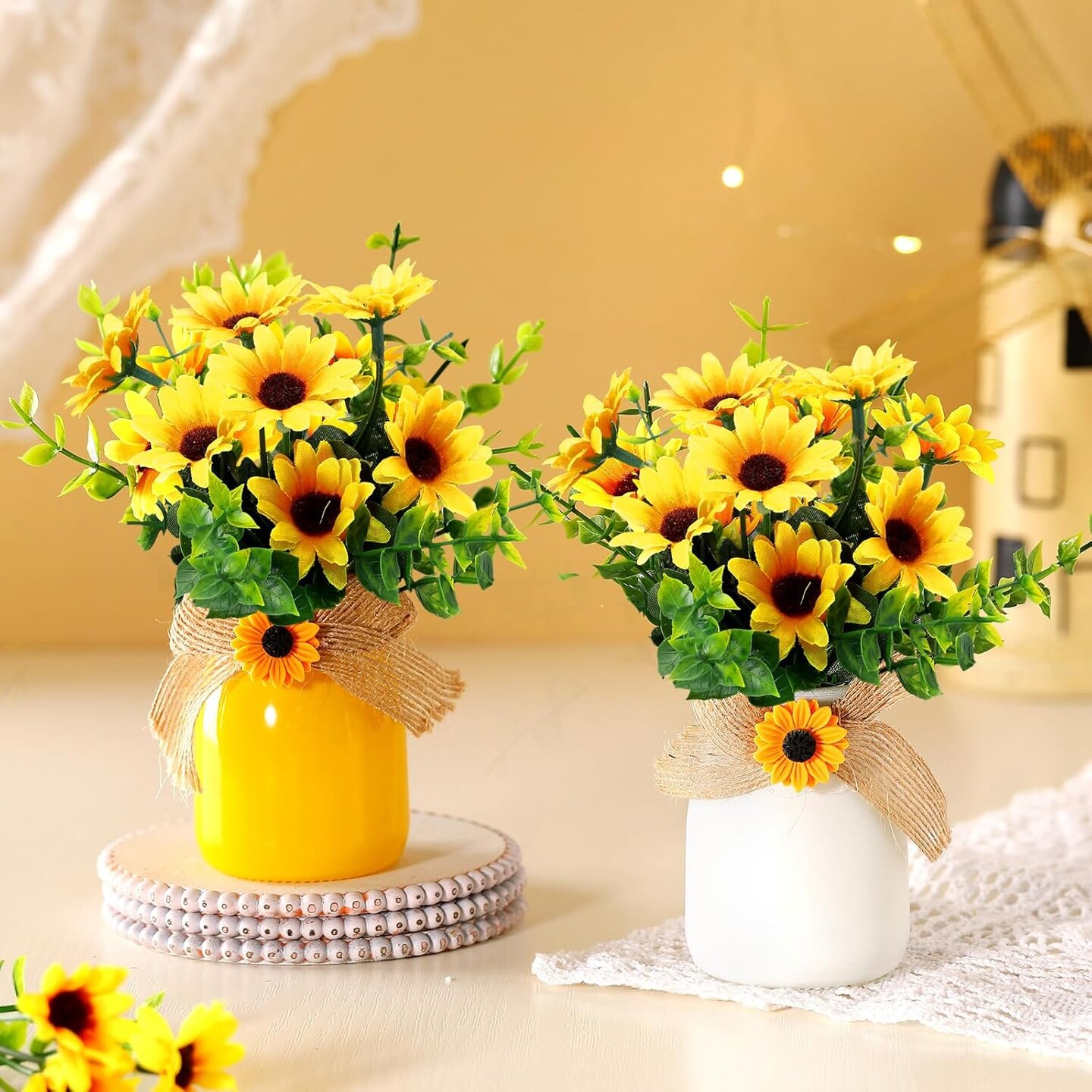 (2 Pcs) Artificial Fake Flowers with Vase Decoration (White, Yellow, Green) 2.5"D x 2.5"W x 3.2"H