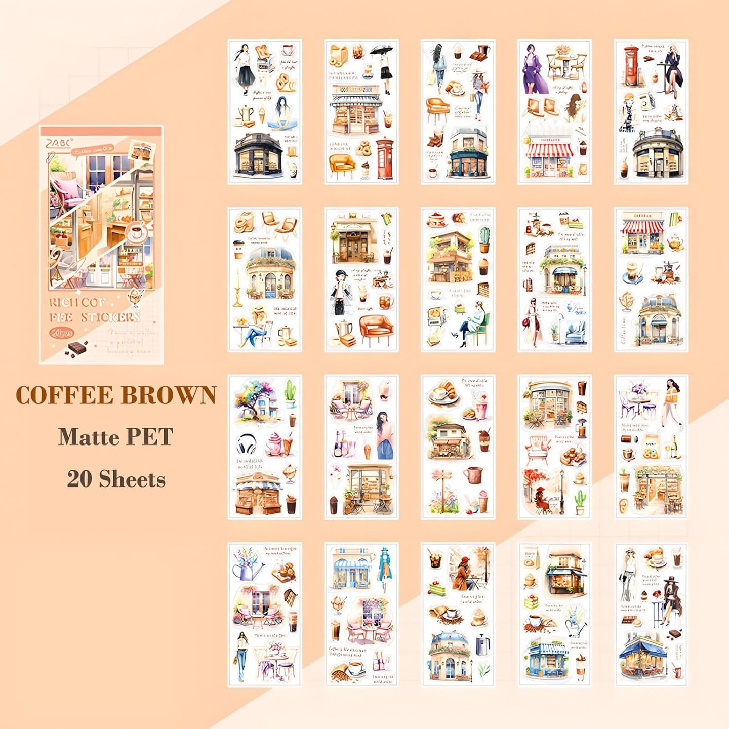 20 Sheets Scrapbook Stickers - Coffee Brown