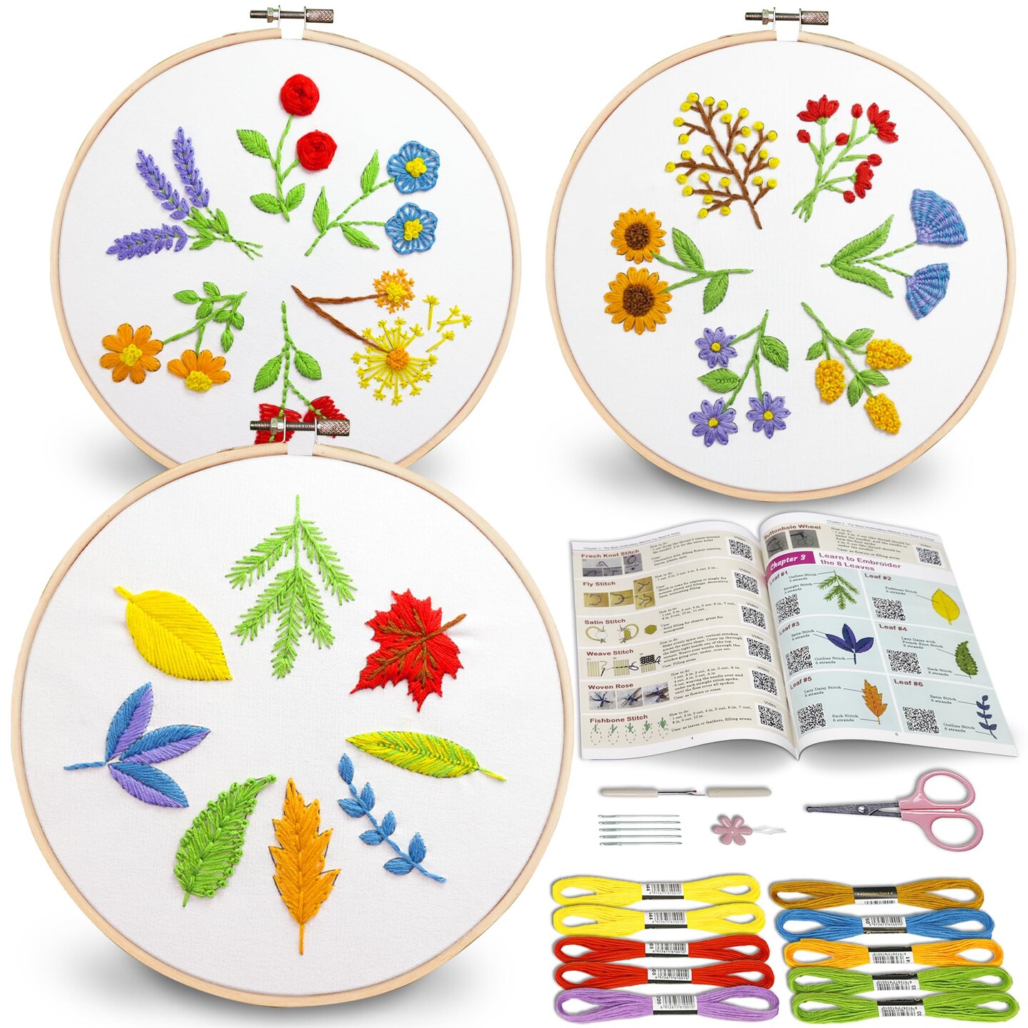 Bradove 3 Sets Leaves and Flowers Embroidery Kit with Embroidery Patterns, Adult Beginner Learn to Embroider Kit, Stitches Kit