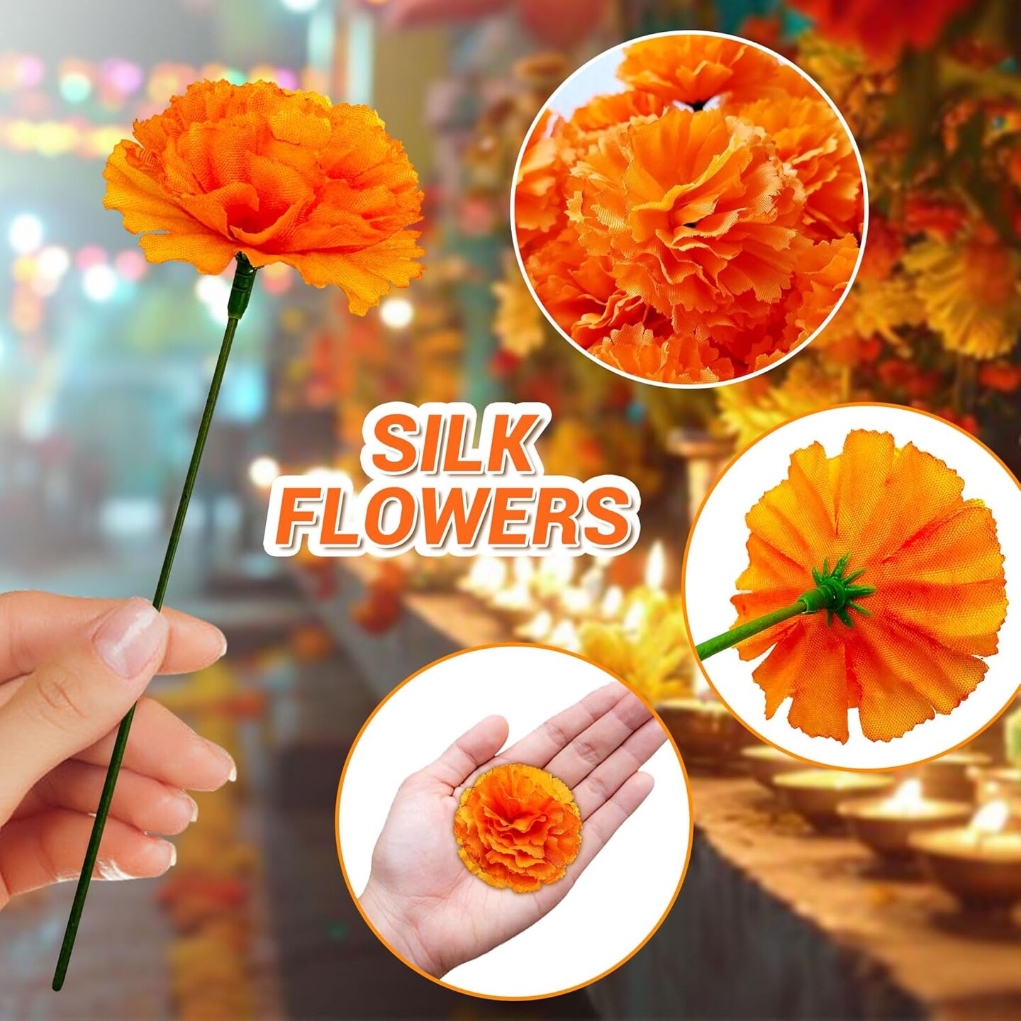 50Pcs Marigold Flowers Bulk Silk Artificial Orange Flowers