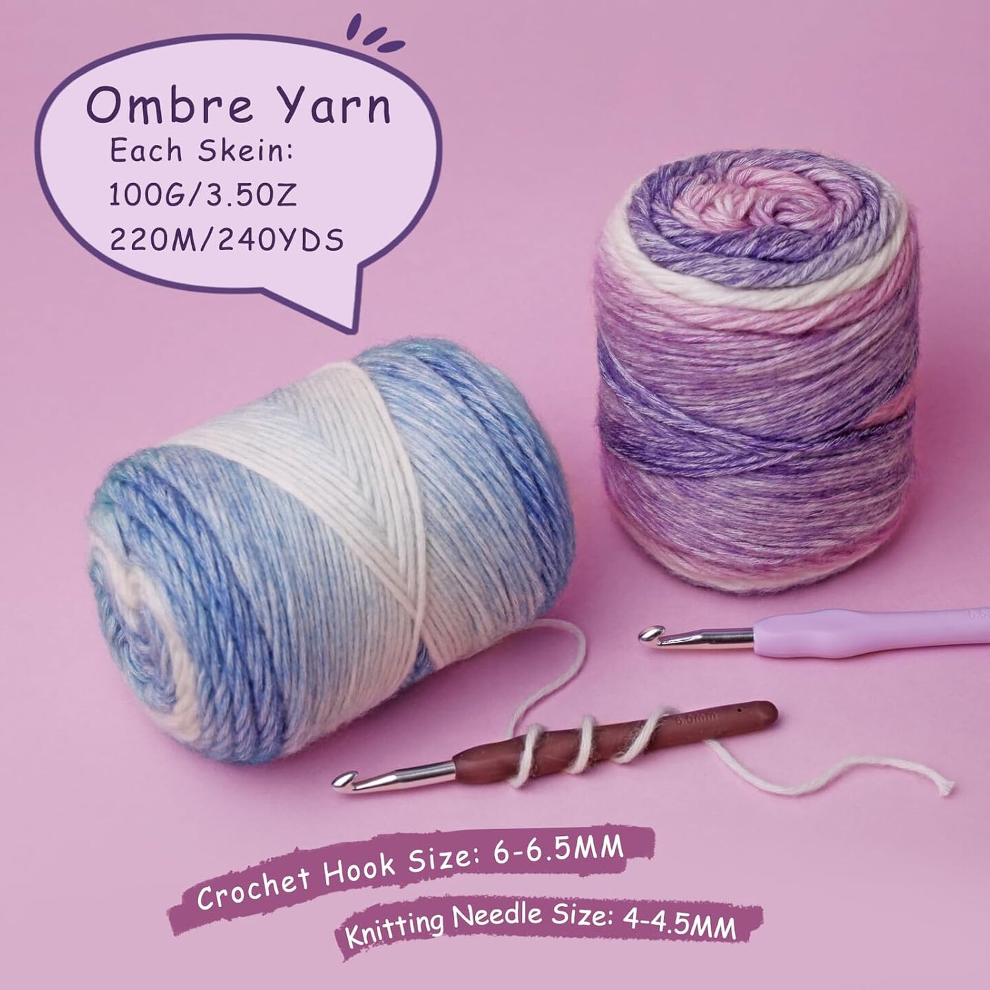 Ombre Yarn with 2 Crochet Hooks (4, Deep Purple Gradient)
