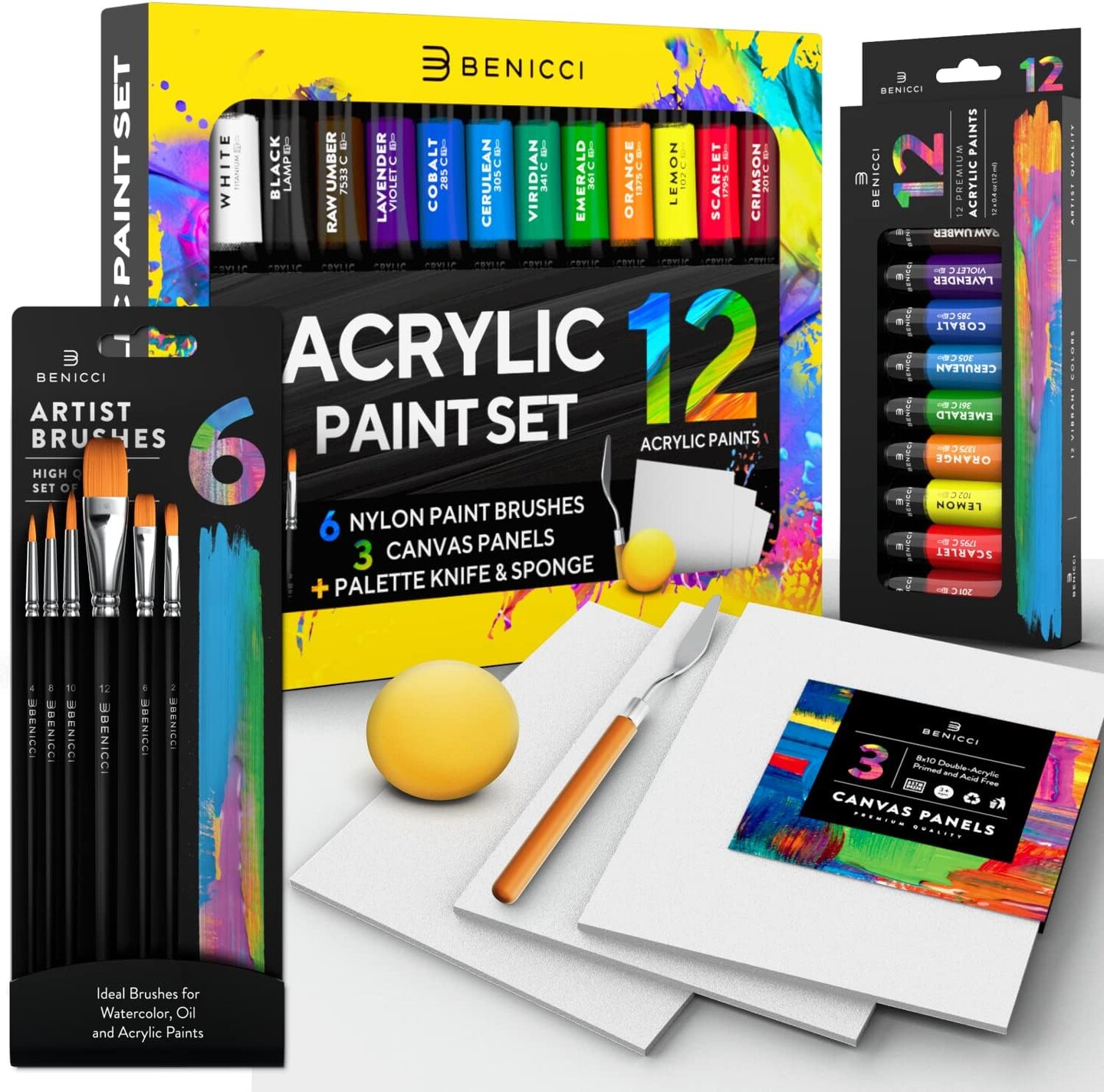12х Rich Pigment Colors & 6x Art Brushes - Includes 3 Paint Canvases