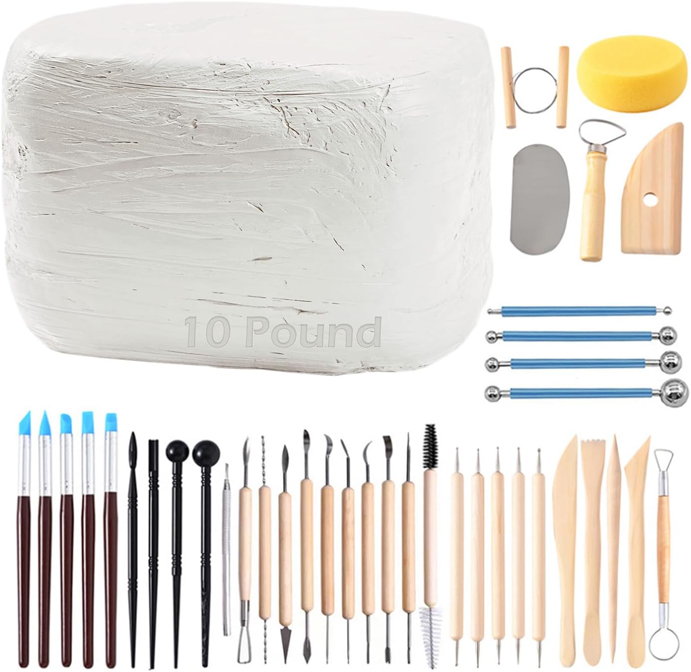 Pottery Clay10LBs with 40 Pcs Pottery Tools Clay Sculpting Tool Set, (White)