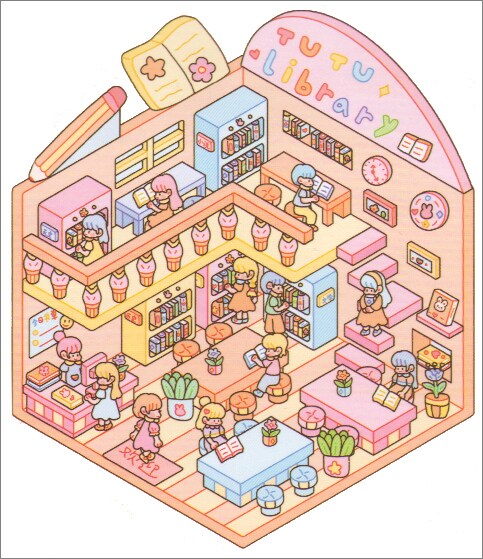 Pastel Library Room Stickers, Isometric Sticker Scene, Adorabilities