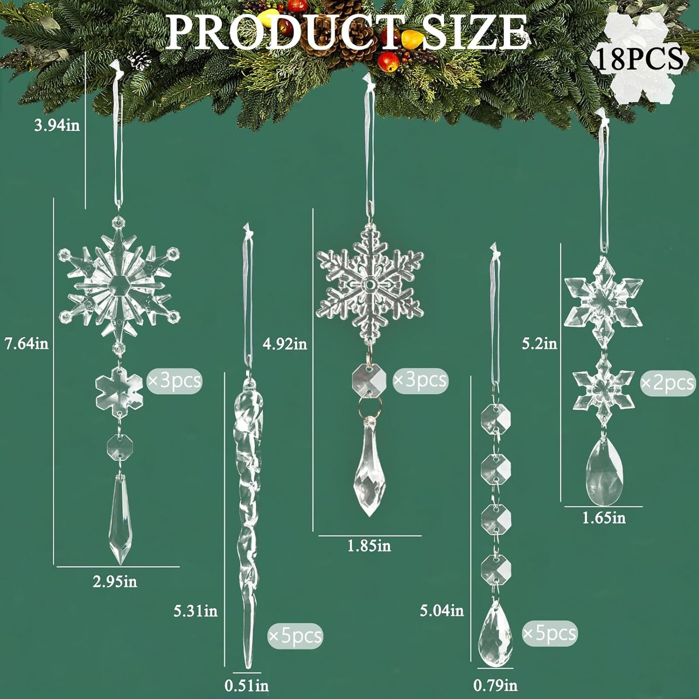 18pcs Crystal Christmas Ornaments - Clear Acrylic Snowflake Ornament