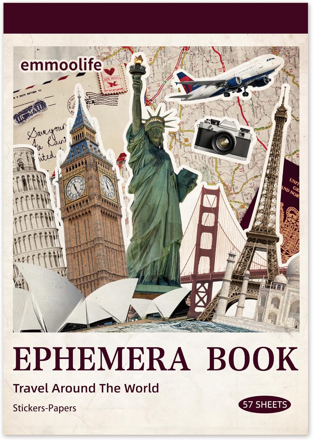 57 Sheets Vintage Travel Scrapbook Sticker Book (Brown Travel) 8.3 x 6 x 0.4 inches