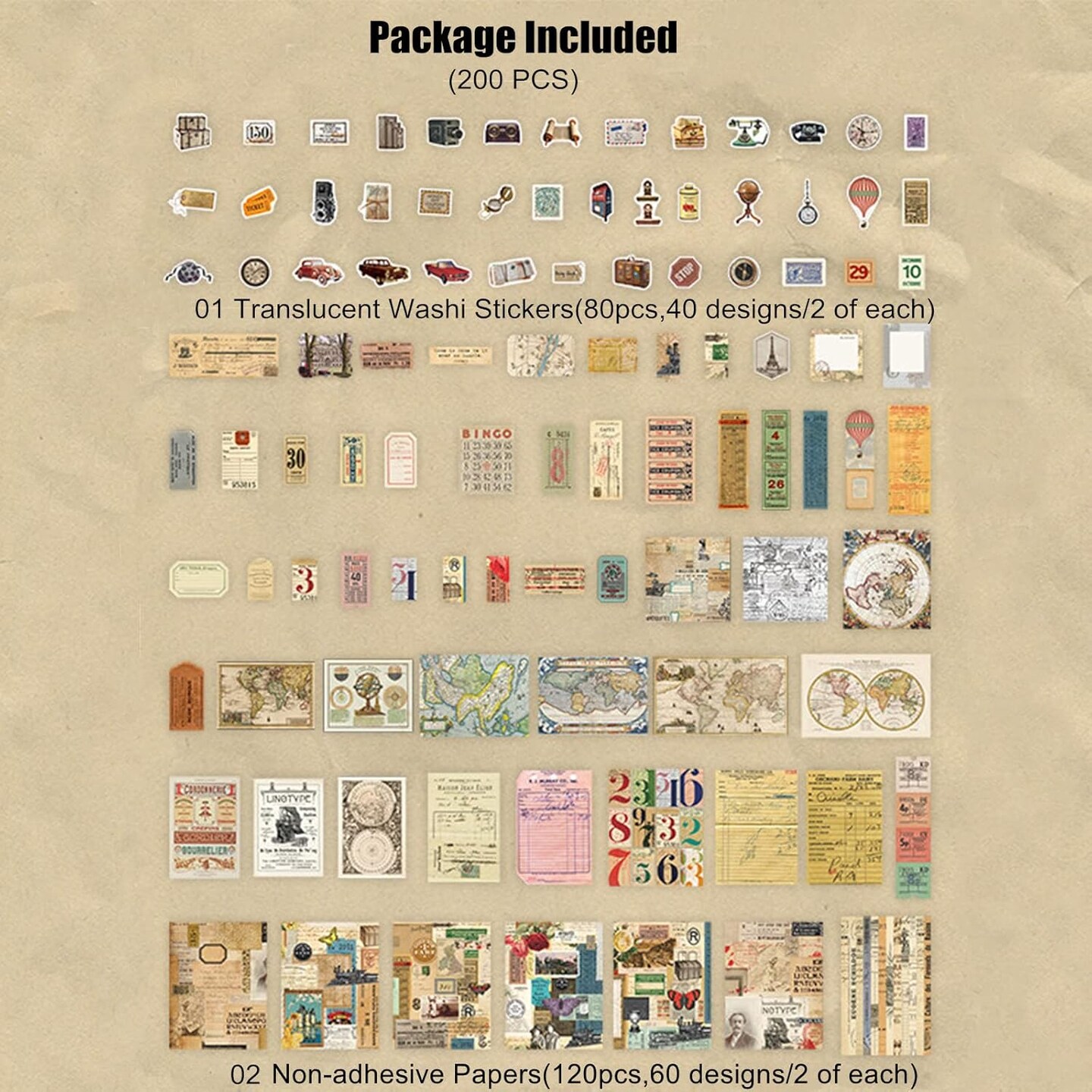 200 Pieces Vintage Ephemera Scrapbooking Supplies Pack for Journaling (Word Memory) 3.8 x 1.8 x 0.5 inches