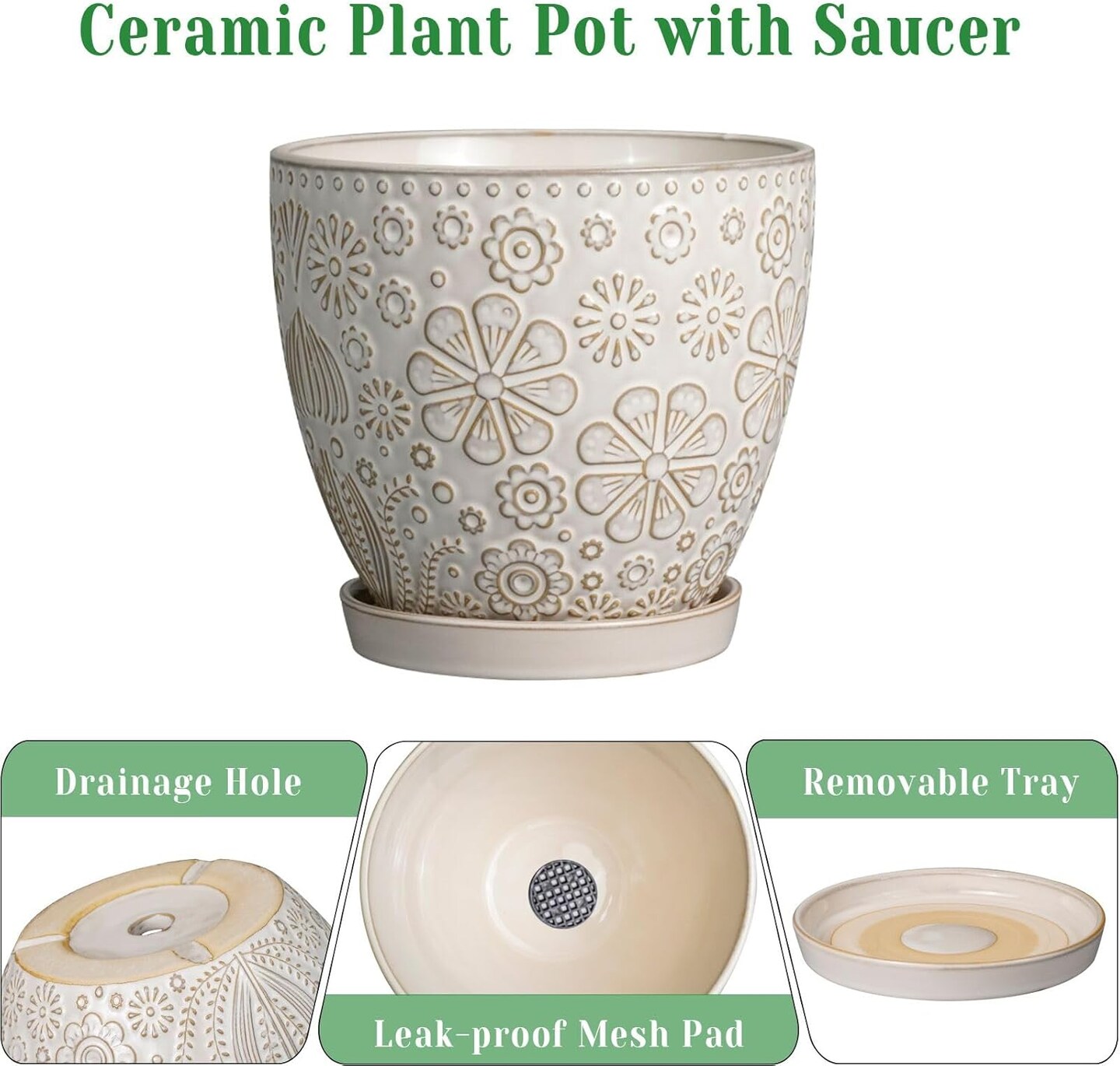 Ceramic Planter with Drainage Hole and Saucer Ceramic Pots - 8 Inch, Petit-flower Petal White