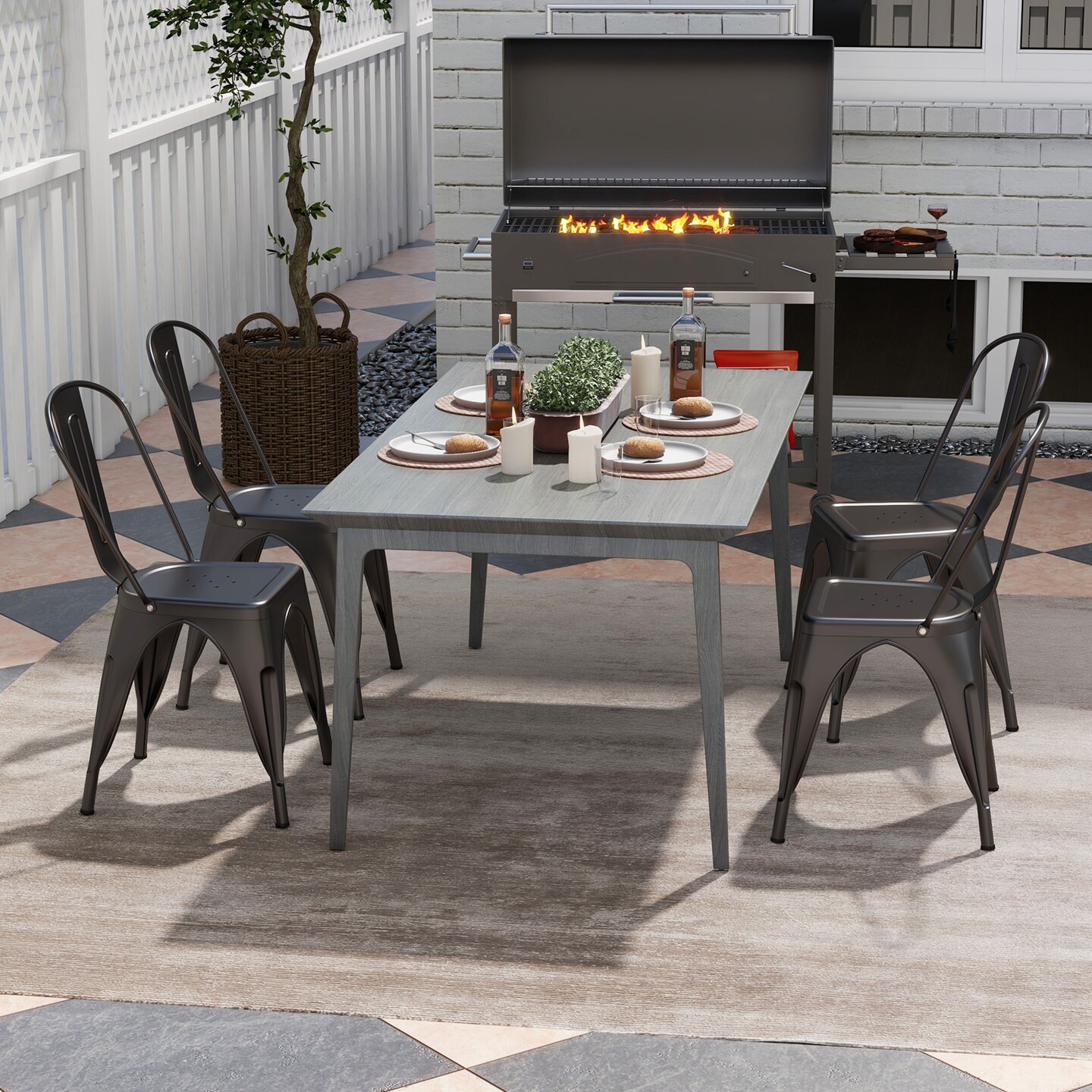 Set of 4 Metal Dining Chairs with Removable Backrest and Anti-slip Pads