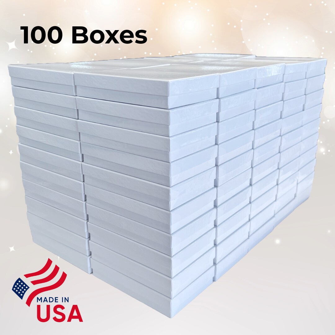 Made in USA - 100 White Gloss Jewelry Boxes - 5-716" x 3-1/2" x 1" Necklace & Jewelry Set Boxes