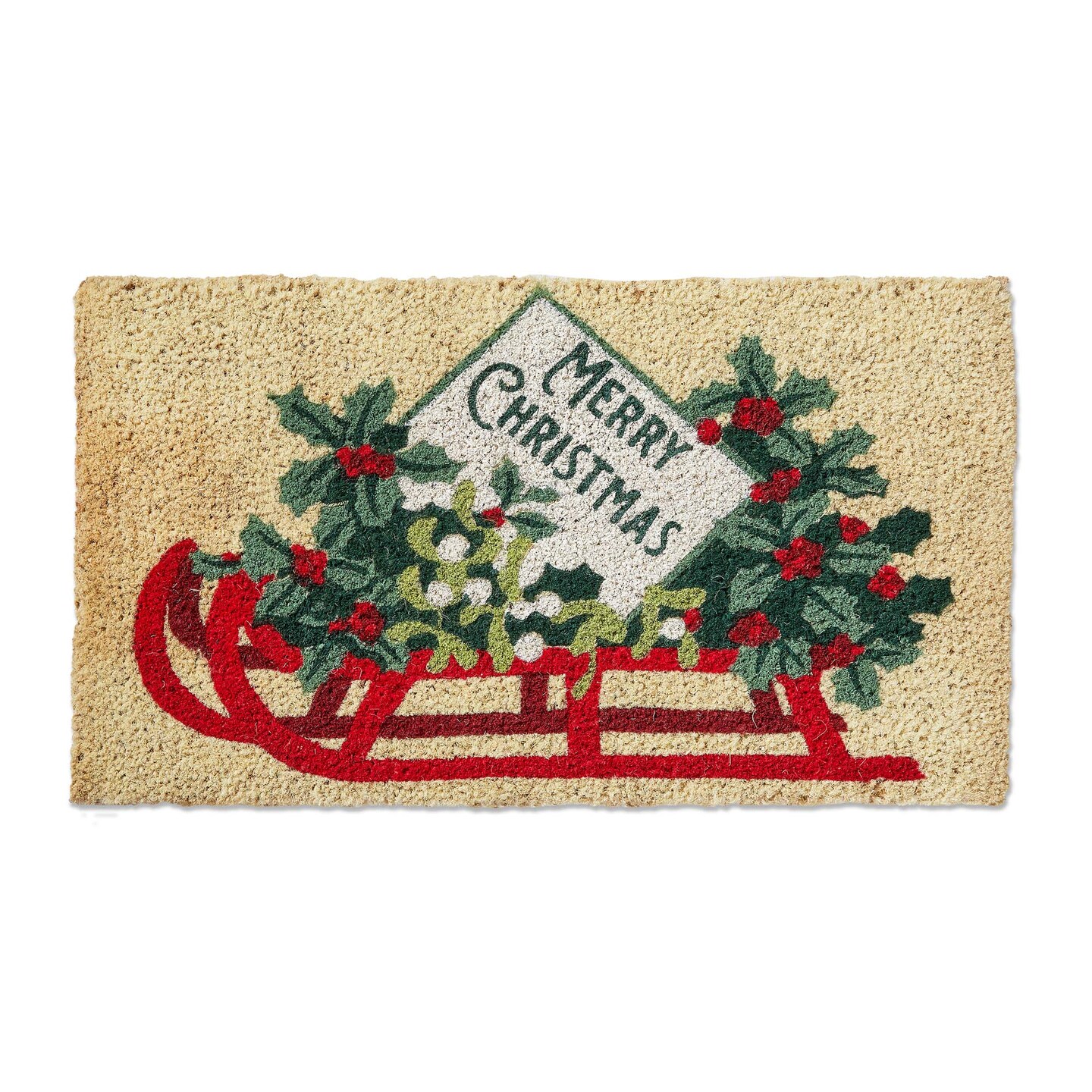 Merry Christmas Sled Coir Door Mat - Natural Multicolor Doormat 30x17 inches, Easy to Clean, Festive Holiday Decor