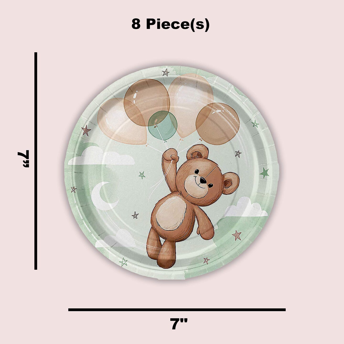 8 Count Teddy Bear Paper Dessert Plates 7 Inch Disposable Tableware for Baby Shower and Birthday