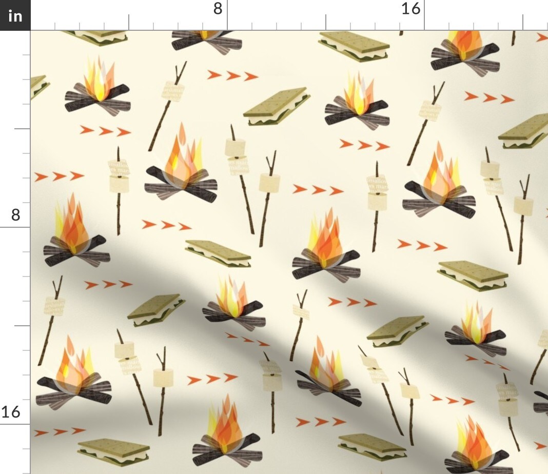Sweet Camping Fire Adventure Winter Custom Printed Fabric by Spoonflower Various Fabrics by the Yard or Fat Quarter