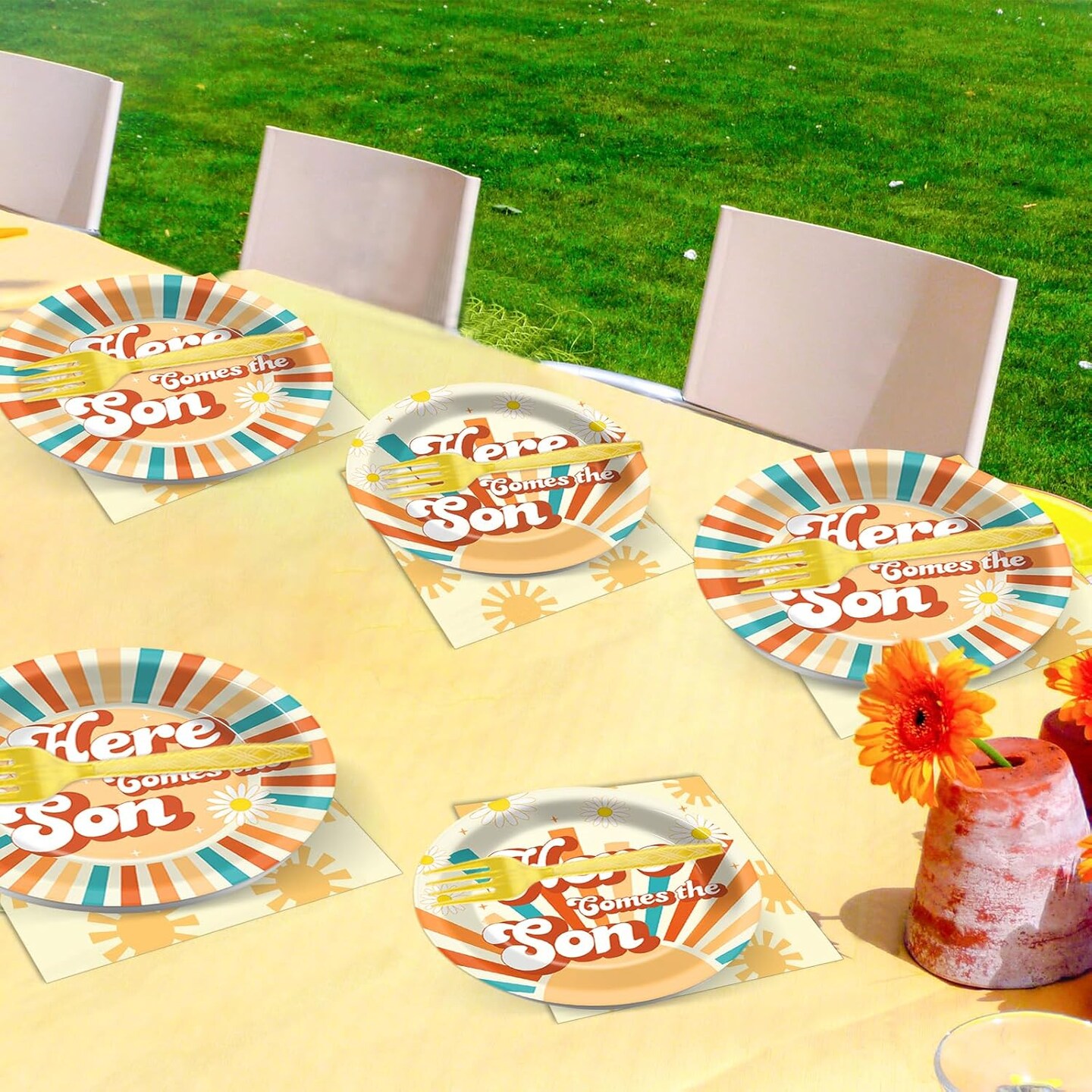 96 Pcs Here Comes the Son Baby Shower Tableware Set 24 Guests (Gold)