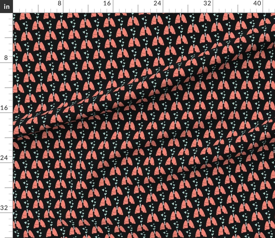 Coral Mint Hearts Anatomy Black Background White Custom Printed Fabric by Spoonflower Various Fabrics by the Yard or Fat Quarter