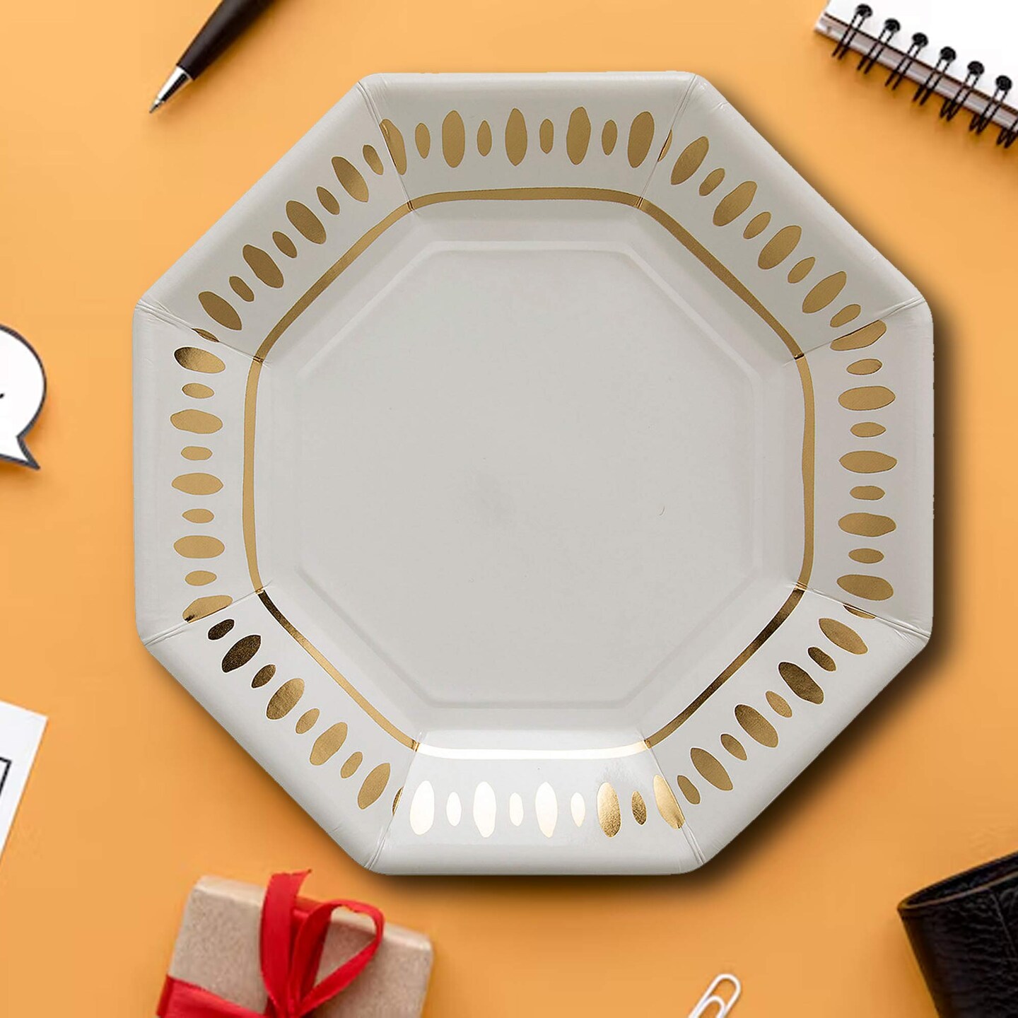 8 Count White & Gold Party Paper Dinner Plates 9" Elegant Disposable Dinner Plates