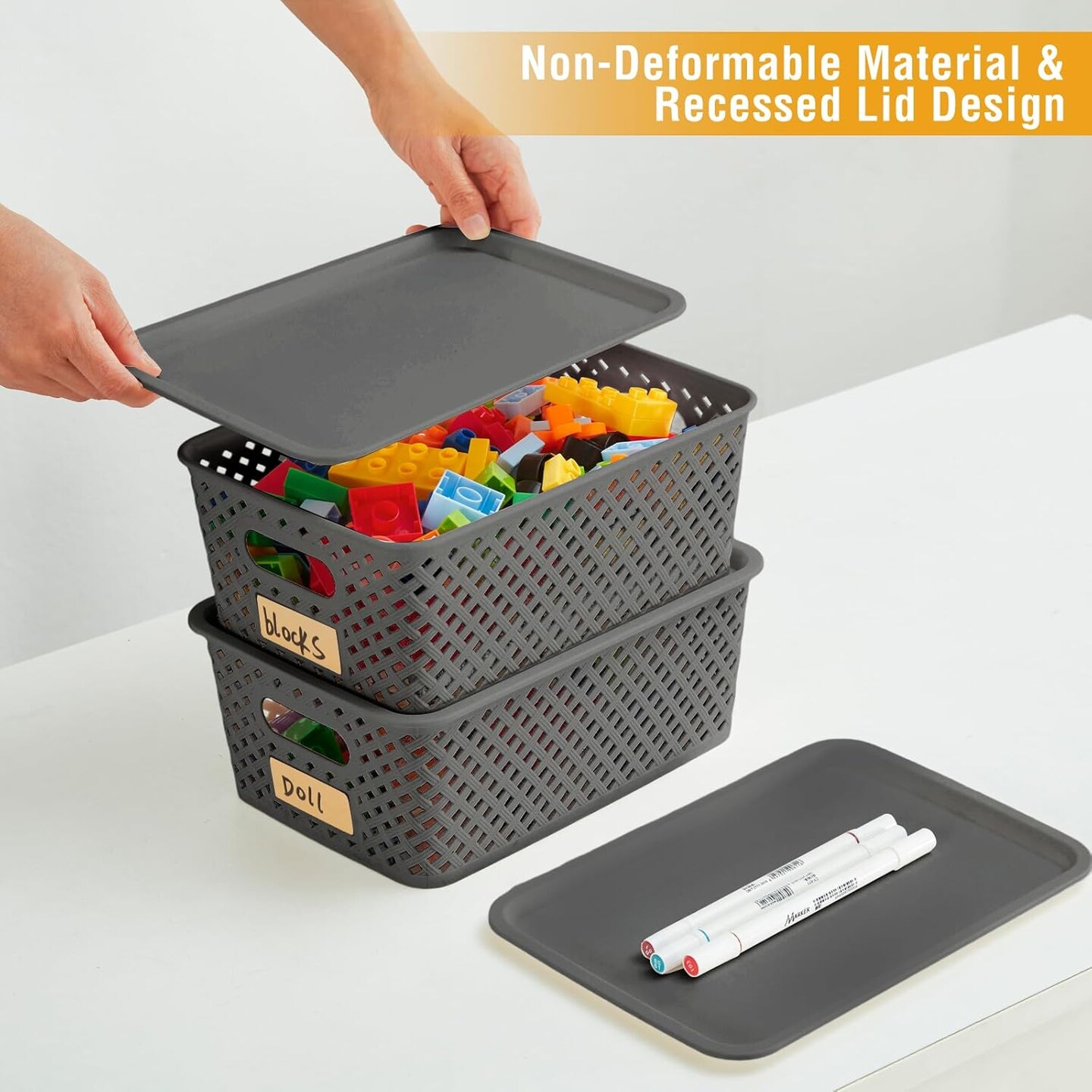 6-Pack Small Plastic Twill Woven Storage Baskets with Lids - Gray