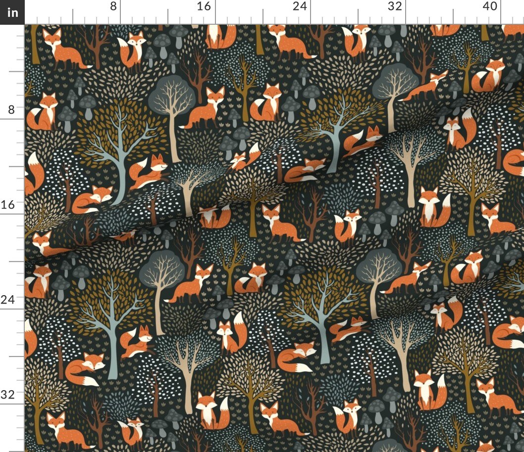 Various Fabrics by the Yard or Fat Quarter Red Fox Whimsical Woodland Autumn Fall Fox Mushroom Forest Animals Dark Green Custom Printed Fabric by Spoonflower