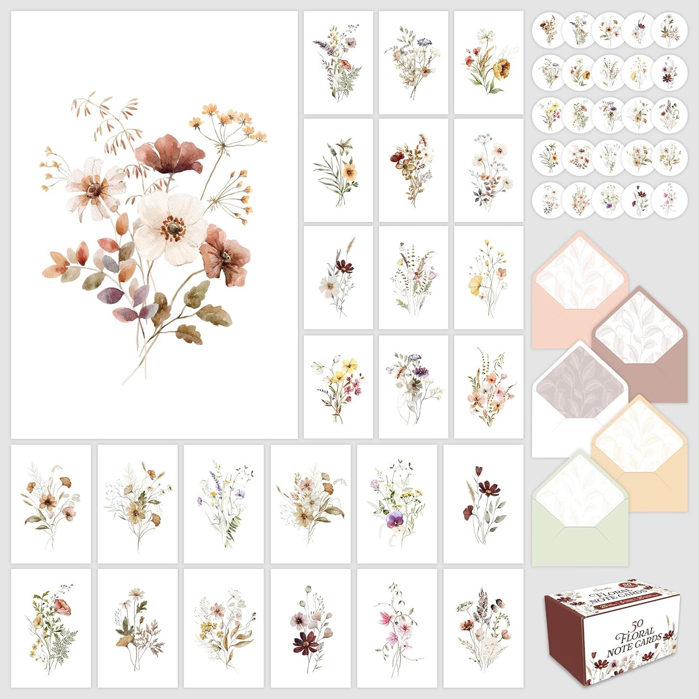 50 Pack 4x6in Blank Floral Cards with Envelopes and Stickers