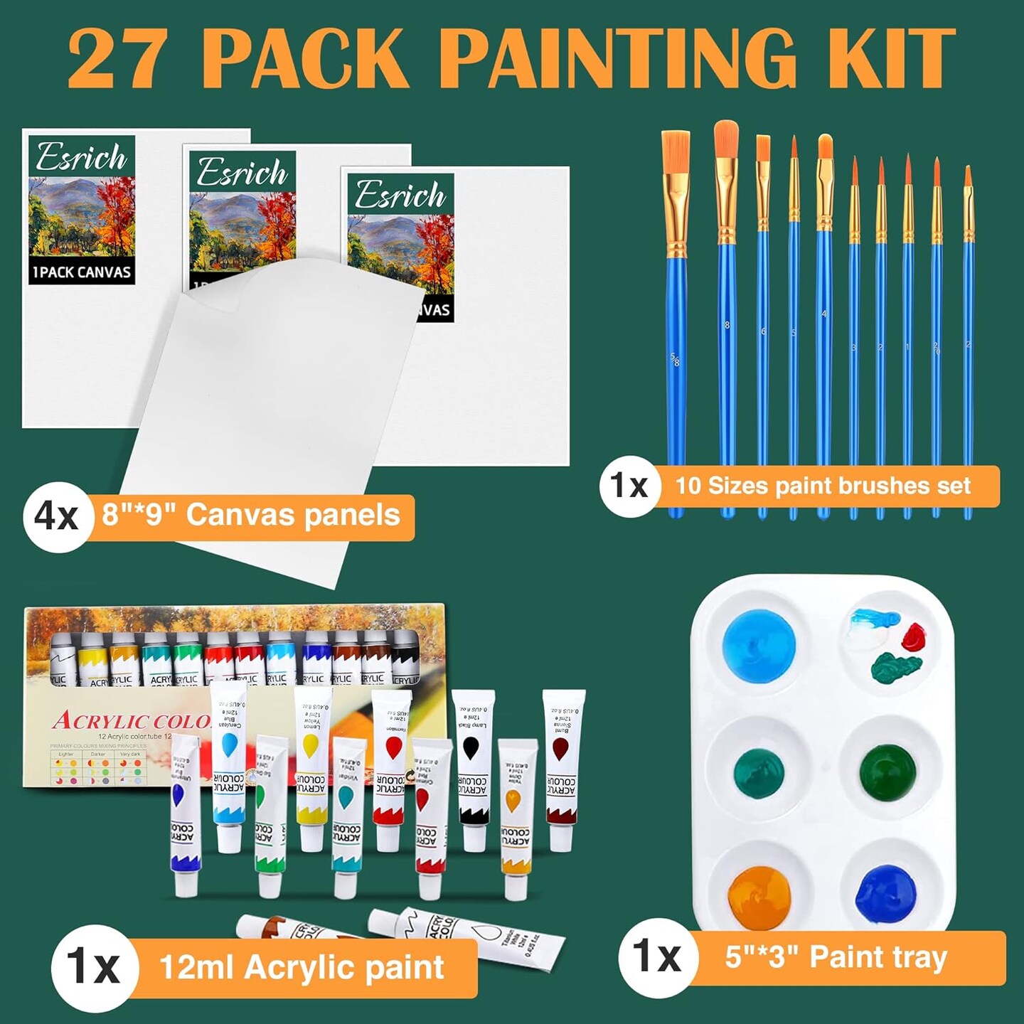 Set with 10 Paint Brushes12 Color 12ml Acrylic Paint,1 Palettes and 4 Pcs Canvas