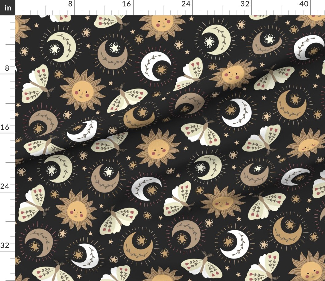 Magic Stars Dark Night Sun Moth Moon witch celestial Custom Printed Fabric by Spoonflower Various Fabrics by the Yard or Fat Quarter