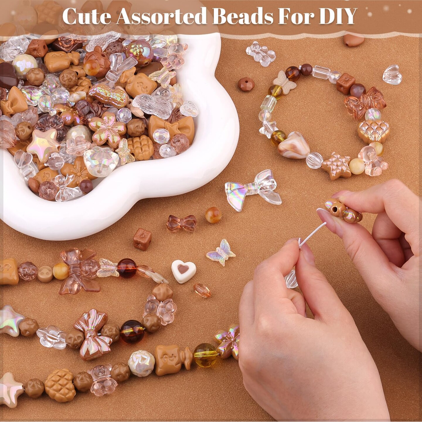 TINKRSTUFF Assorted 170-230PCS Brown Acrylic Beads for Bracelet Making, Flower Bow Butterfly Candy GummyBear Aesthetic Bracelet Charms,Cute Beads for Jewelry Making DIY Necklace Keychain Phone Charm