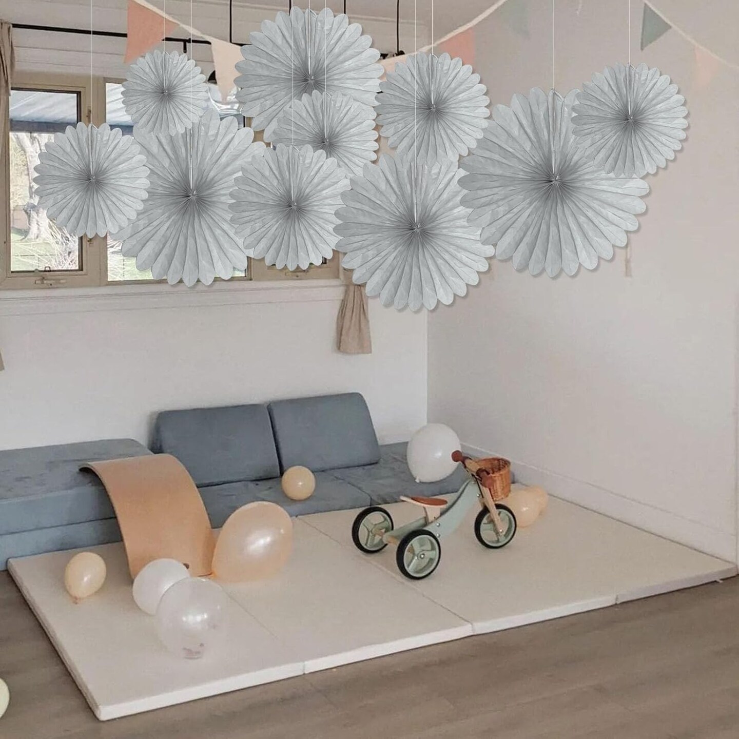 20 Pcs Silver Grey Hanging Paper Fan, Hanging Honeycomb Round Paper Fans for Weddings, Birthdays, Christmas