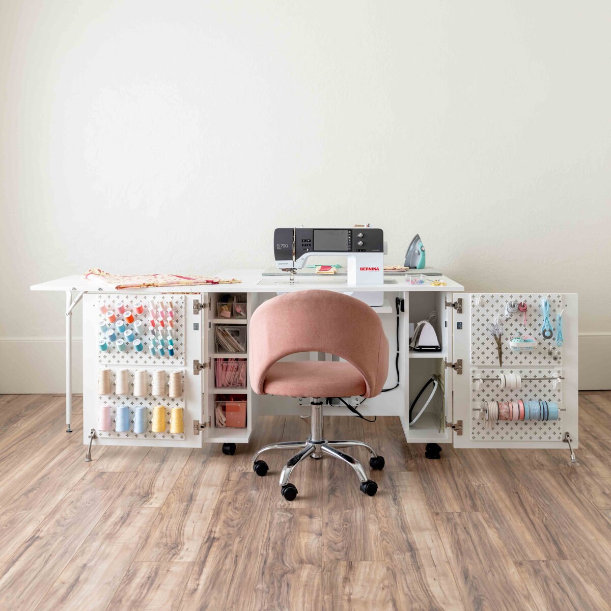 DreamStation Deluxe Sewing Cabinet with Electric Lift, Folding Craft Storage Table, Pegboard Doors, Drawers &#x26; Rolling Organizer for Quilting, Scrapbooking &#x26; Home Organization