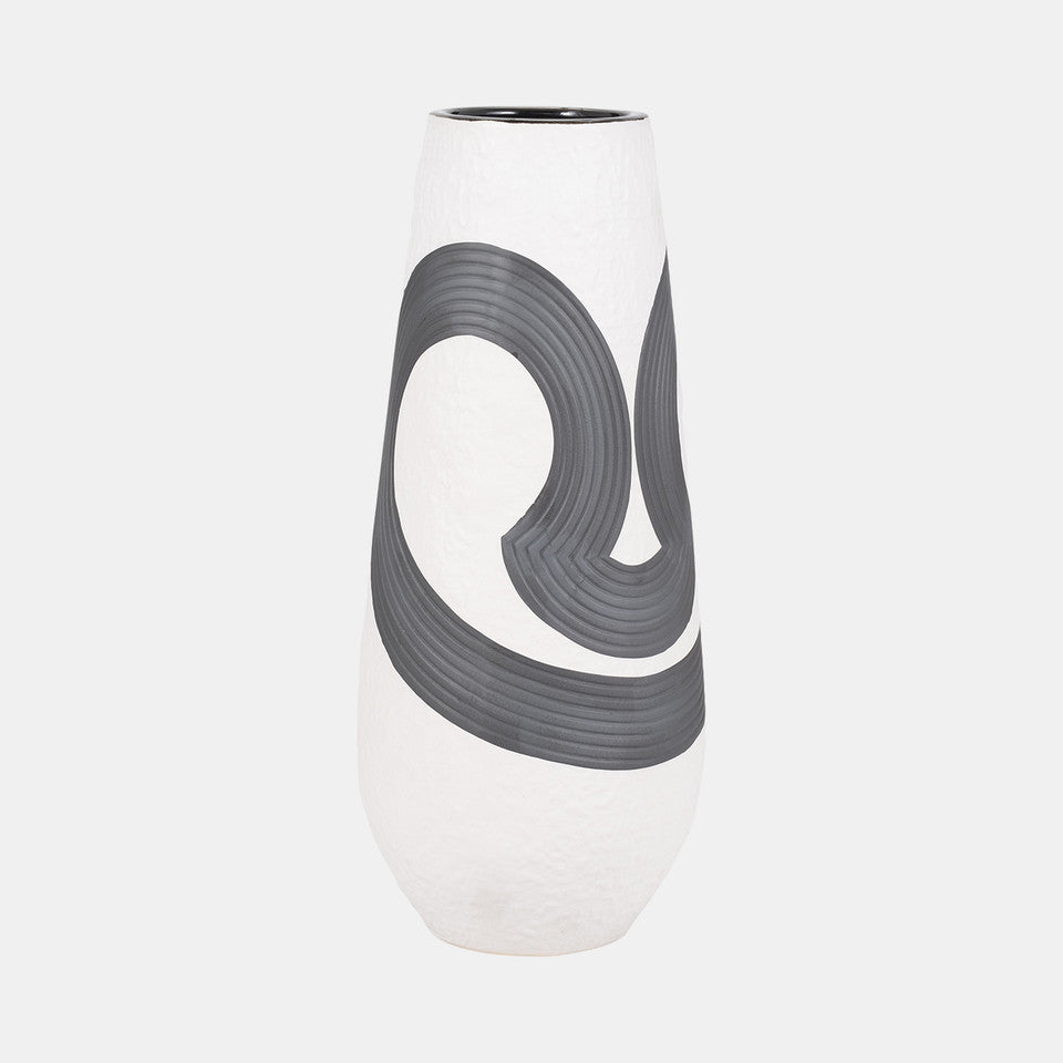 17" Noir Black & White Ceramic Vase, Modern Monochrome Home Decor Accent