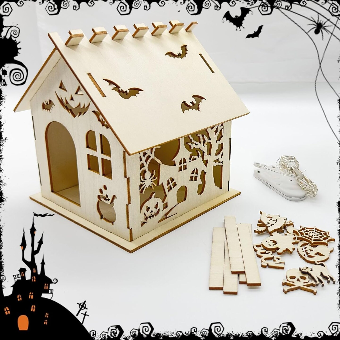 6 Set Halloween Craft Kit&#xFF0C;DIY Wooden Halloween Castle House Craft Kit