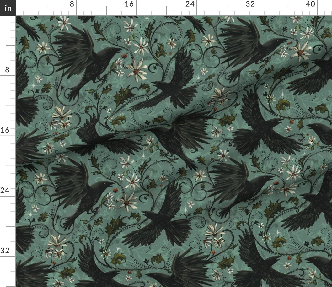 Various Fabrics by the Yard or Fat Quarter Gothic Ravens Autumn Floral Halloween Bohemian Magic Dark Moody Corvid Teal Cyan Custom Printed Fabric by Spoonflower