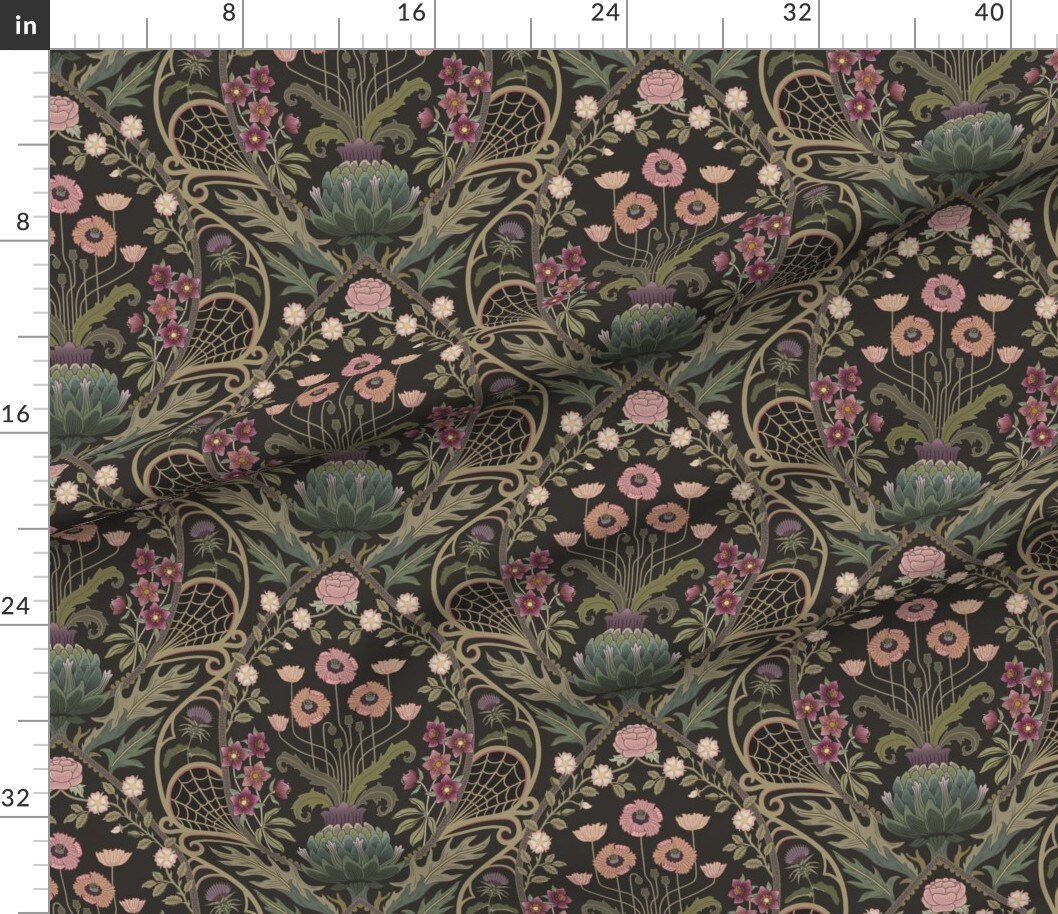 Various Fabrics by the Yard or Fat Quarter dark moody damask,roses hellebores,artichoke flower,olive green,dusty pink,botanical Custom Printed Fabric by Spoonflower
