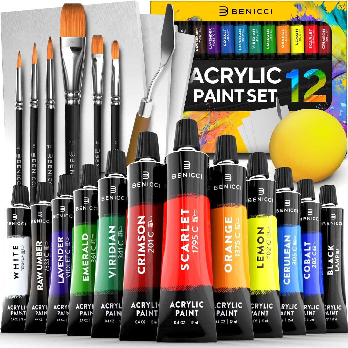12х Rich Pigment Colors & 6x Art Brushes - Includes 3 Paint Canvases