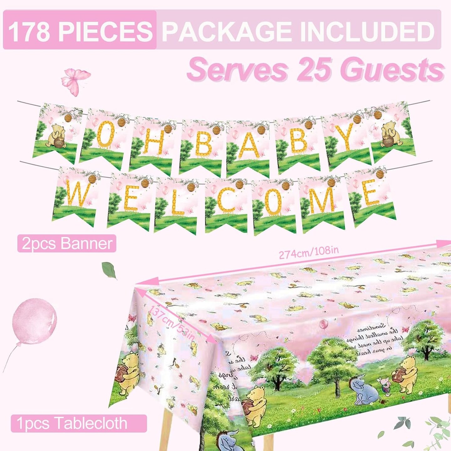 178pcs Pink Winnie Bear Baby Shower Decorations - 25 Guests (Pink Winnie Bear Baby Shower Pooh Decorations)
