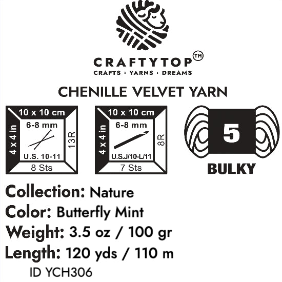 Craftytop™ Bulky Velvet Yarn #5 for Knitting & Crochet (Butterfly Mint)