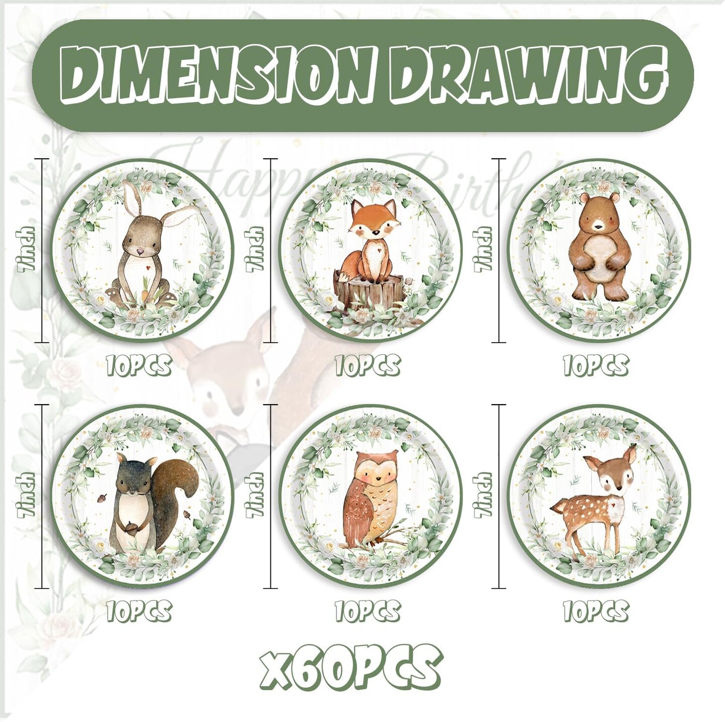 60Pcs Woodland Baby Shower Party Plates for 60 Guests (White and Green)