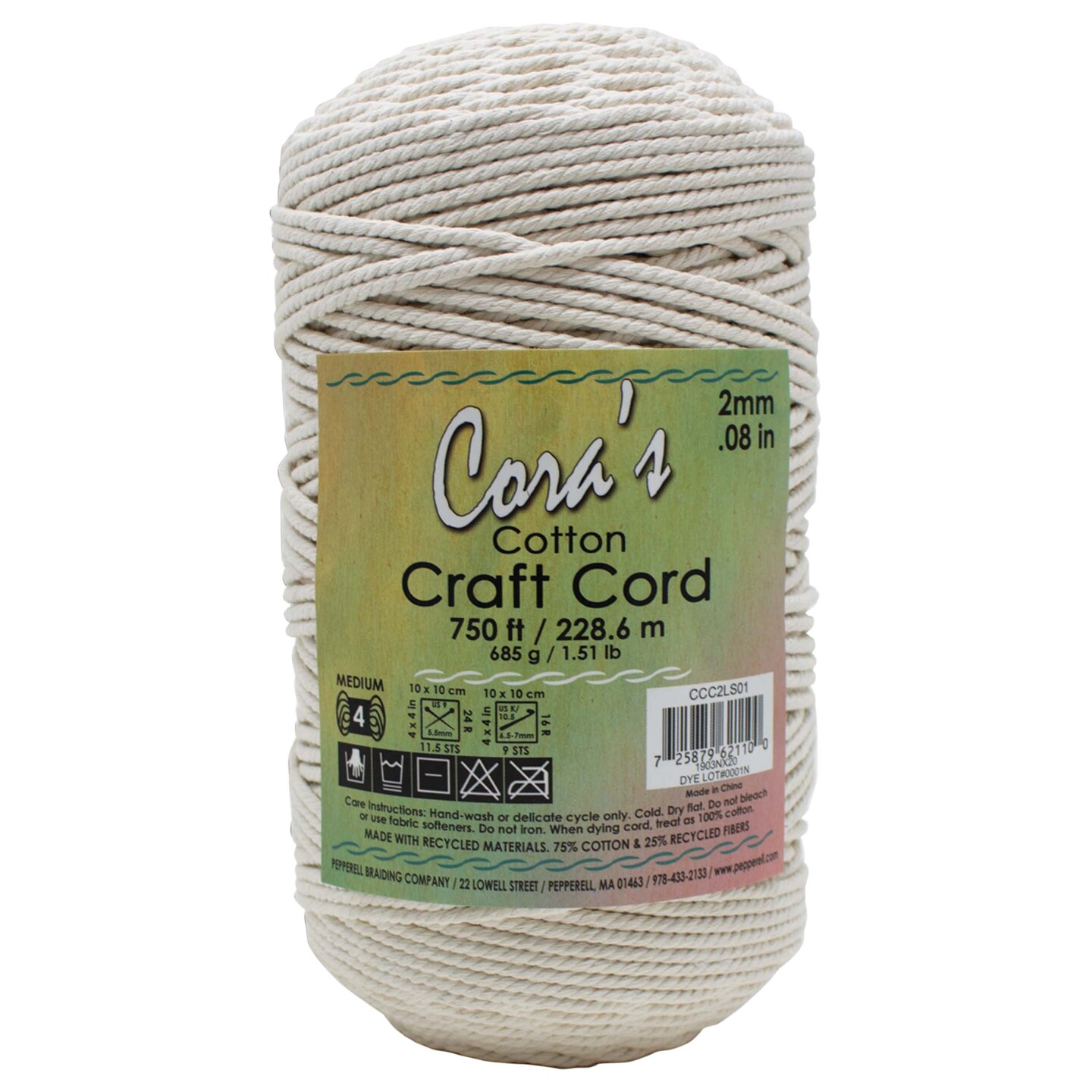 Cora&#x27;s Cotton Craft Cord 2mmX750ft-Natural