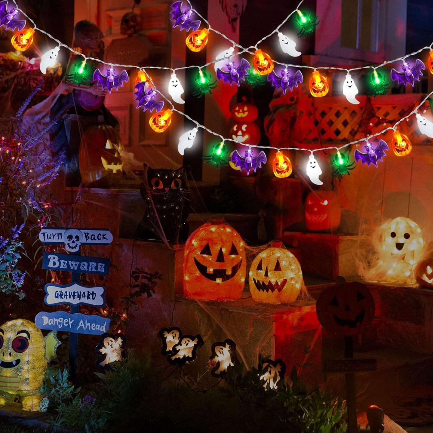 20FT 40 LED 3D Pumpkin Bat Ghost Spider Battery Operated String Lights(Orange,Purple,White,Green)