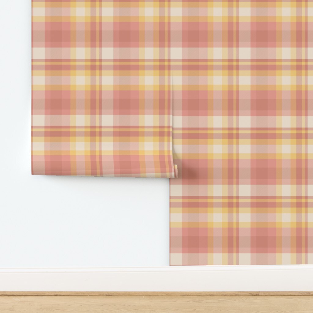 Preppy Retro Pink Peach Yellow Plaid Lines Cottagecore Cabincore Modern Classic Nursery Vintage Bedroom Coastal Large Scale Custom Removable Wallpaper by Spoonflower Peel & Stick Wallpaper 2FT Wide