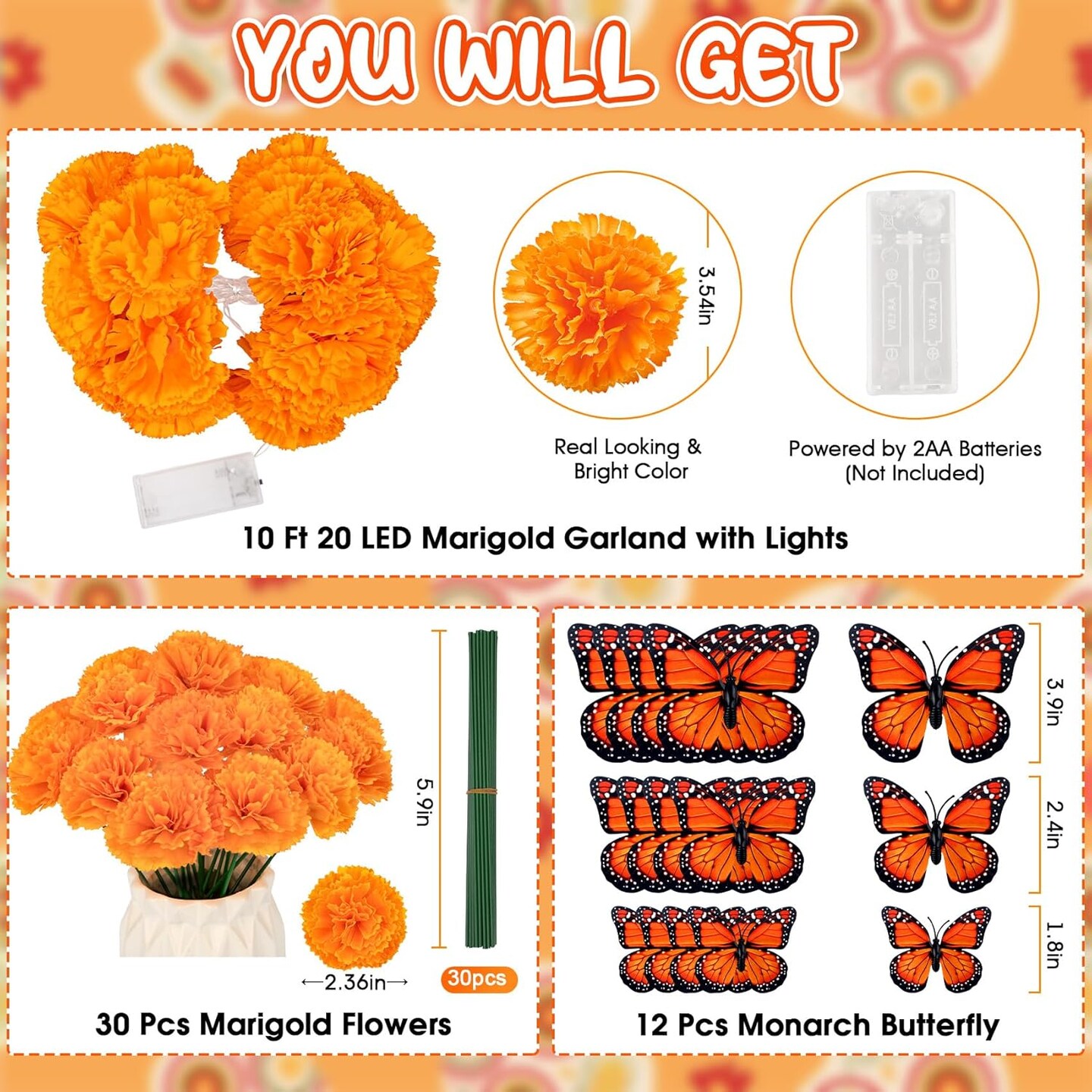 10 Ft 20 LED Marigold Garland with 30 Artificial Marigold Flowers and 12 Butterflies