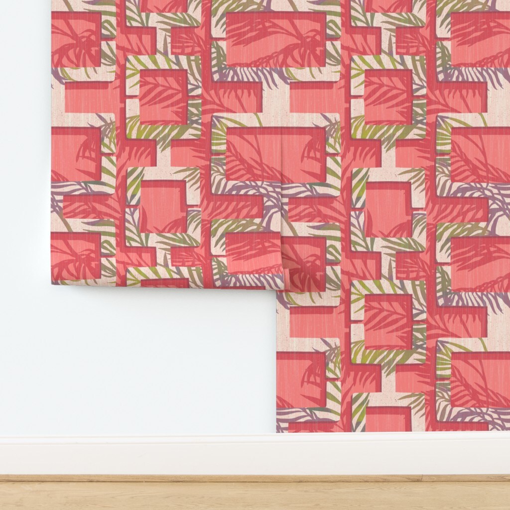 Block Chain Pink Palm Trees Retro Vintage Mid Century Springs Summer Custom Pre-pasted Wallpaper by Spoonflower Pre-Pasted Wallpaper 2FT Wide