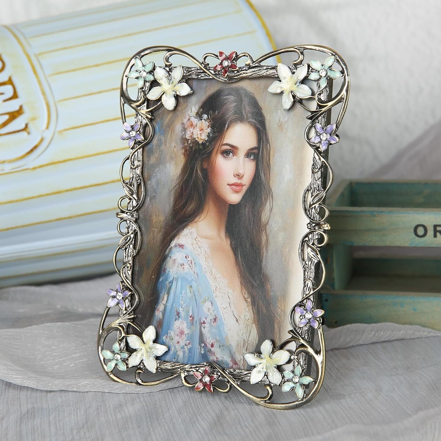 5x7 Vintage Flower Picture Frame Antique Metal Enamel Colorful Floral Photo Frame(Tree vine flower)8.5"L x 6.5"W
