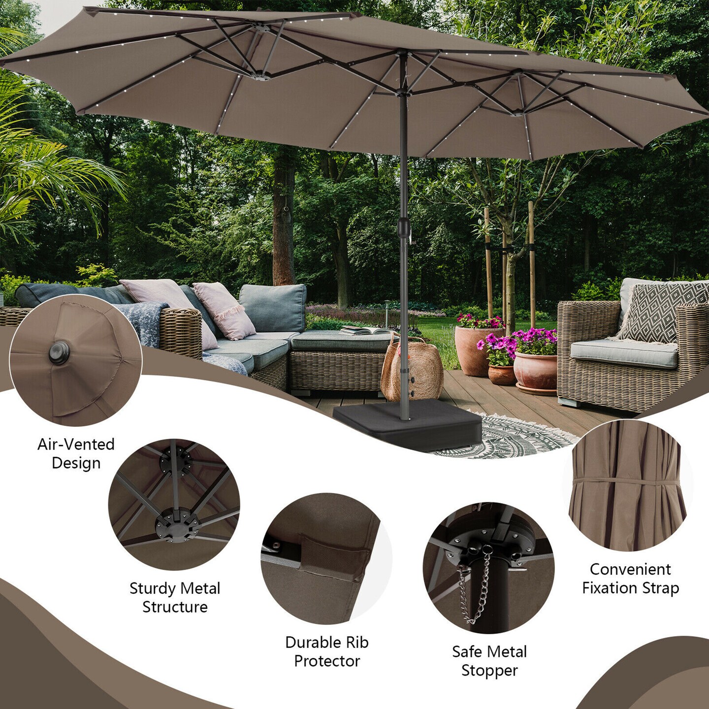 Costway Outdoor 15' Double-Sided Patio Umbrella 48 Solar LED Lights Crank & Base