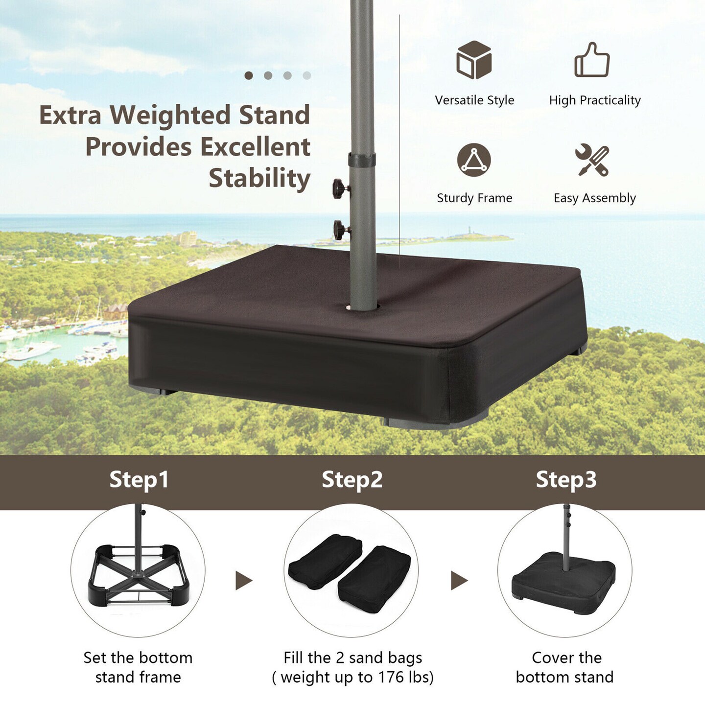 Costway Outdoor 15' Double-Sided Patio Umbrella 48 Solar LED Lights Crank & Base