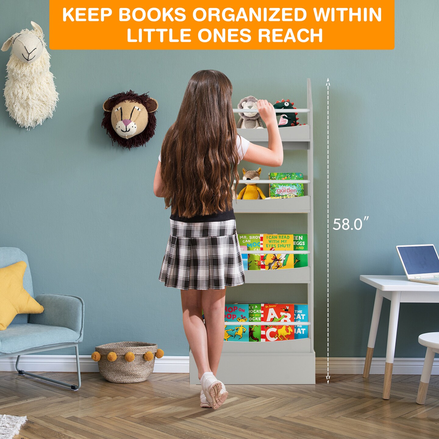 4-Tier Freestanding Floor Kids Bookshelf with Anti-toppling Device Suitable to Any Room