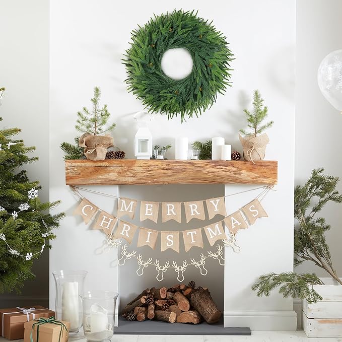 24inch Christmas Wreath 2 Pack, Norfolk Pine Wreath for Front Door, 24 Inch Xmas Village Wreath Holiday Decor Christmas Decorations for Home Wall Window Indoor Outdoor Outside Winter
